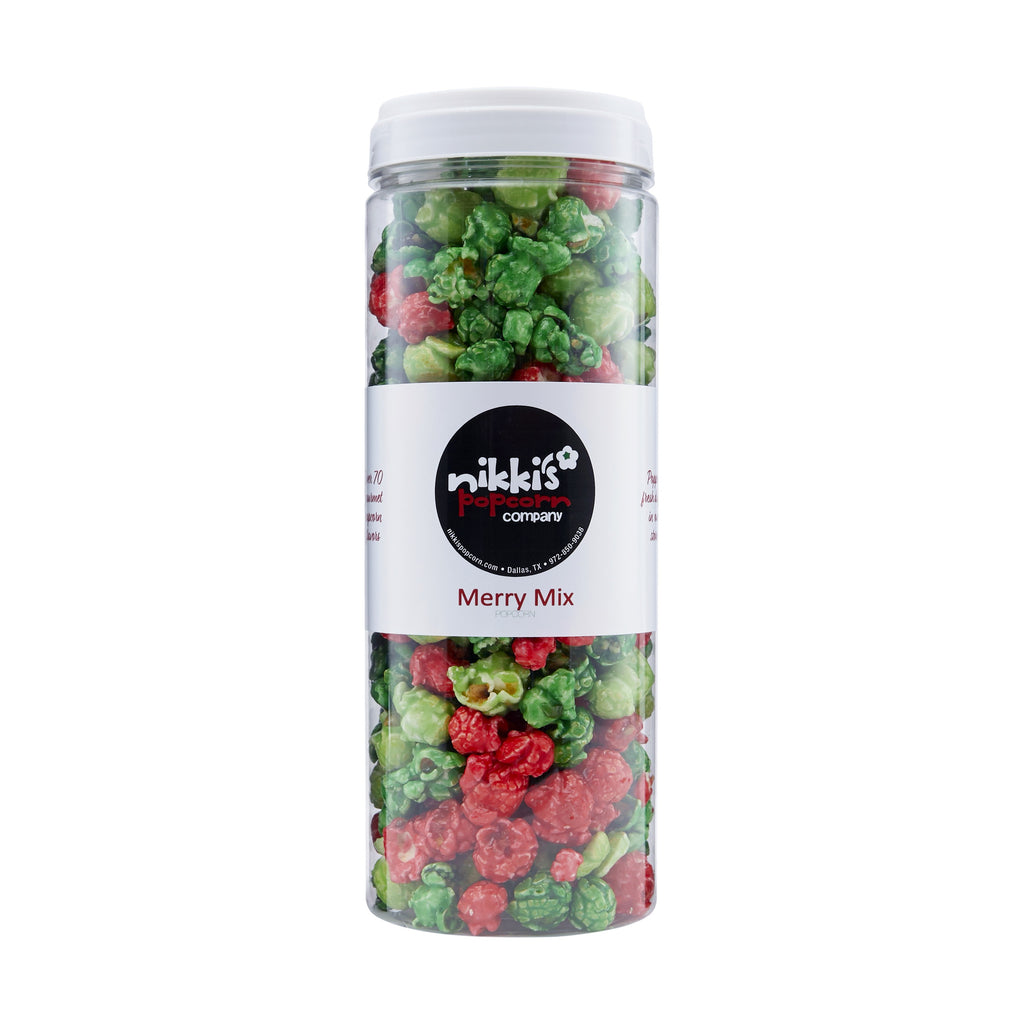 7 cup jar of merry mix popcorn red and two shades of green popcorn