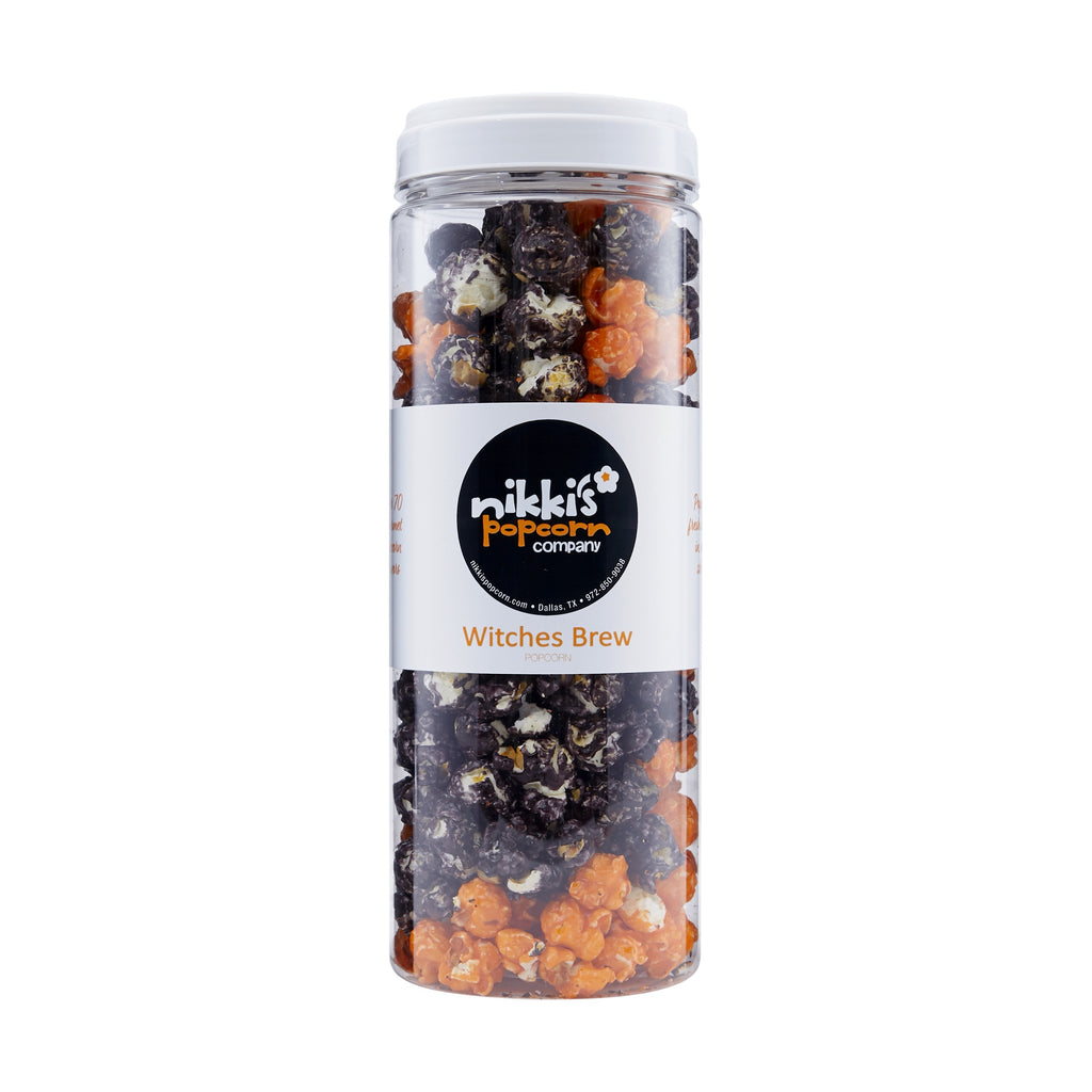 Popcorn canister labeled 'Witches Brew' by Nikki's Popcorn Company on a white background