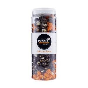 Popcorn canister labeled 'Witches Brew' by Nikki's Popcorn Company on a white background