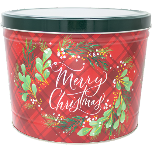 Merry Christmas Plaid Popcorn Tin 2 Gal