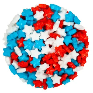 Colorful star-shaped objects in red, white, and blue on a white background