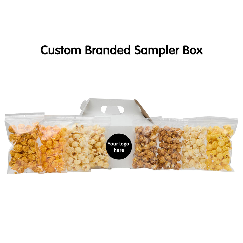 Custom branded popcorn sampler box with a label for customization on a white background