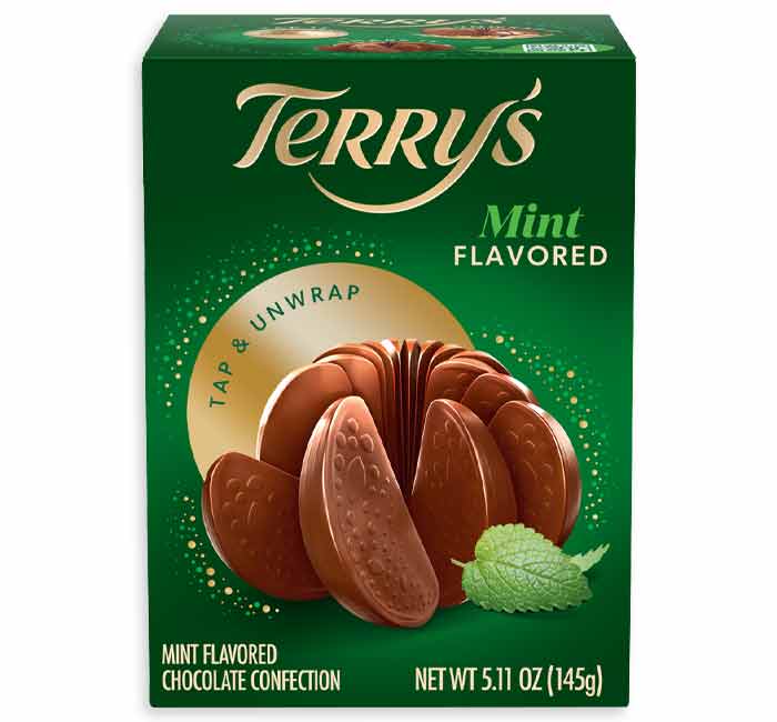 Terry's Mint Flavored chocolate confection packaging on a white background